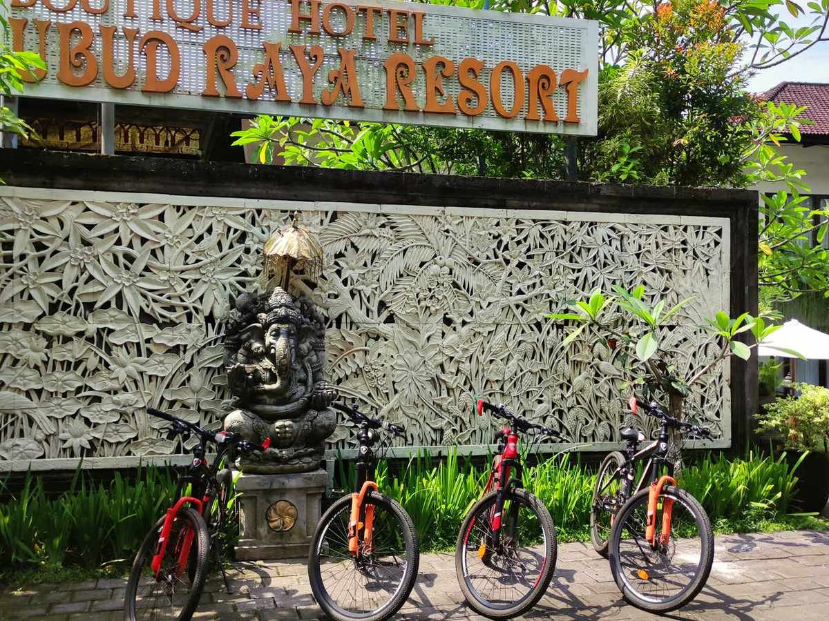 Bicycles lined up at the entrance of Ubud Raya Resort