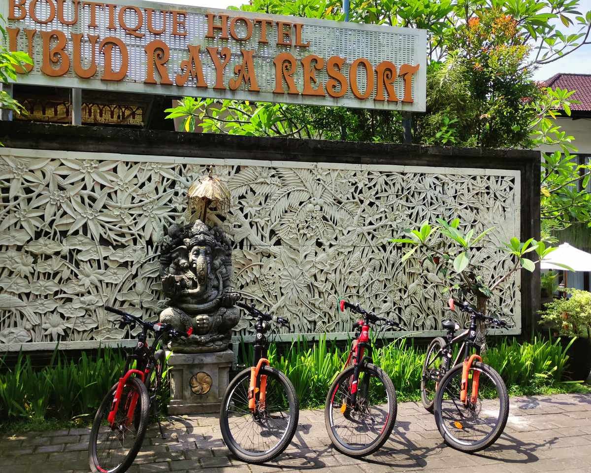Bicycles lined up at the entrance of Ubud Raya Resort