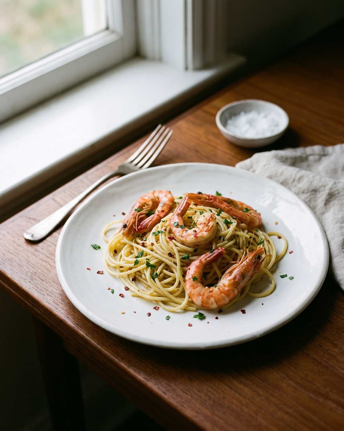 Illustration of a plate of spaghetti aglio olio with prawns, not a photograph of the restaurant