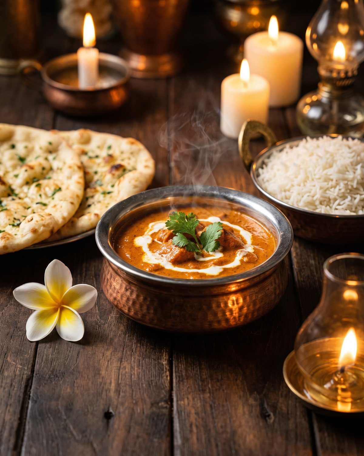 Illustration of a bowl of butter chicken with naan, not a photograph of the restaurant