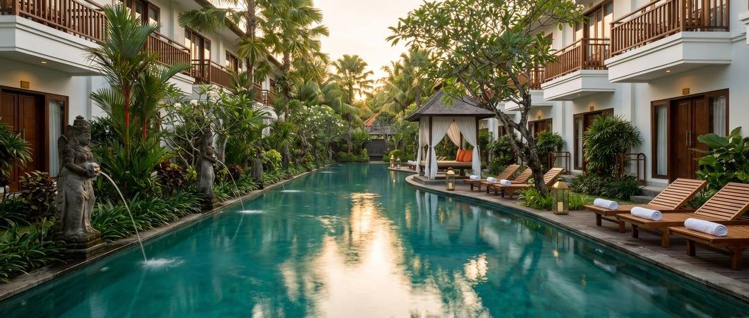 The very long curved pool of Ubud Raya Boutique Hotel, with its gazebo and loungers