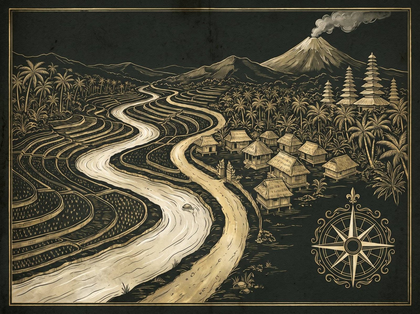 A hand-drawn map of the Sayan valley: rice terraces, the Ayung River, Ubud and the temples, with Ubud Raya marked