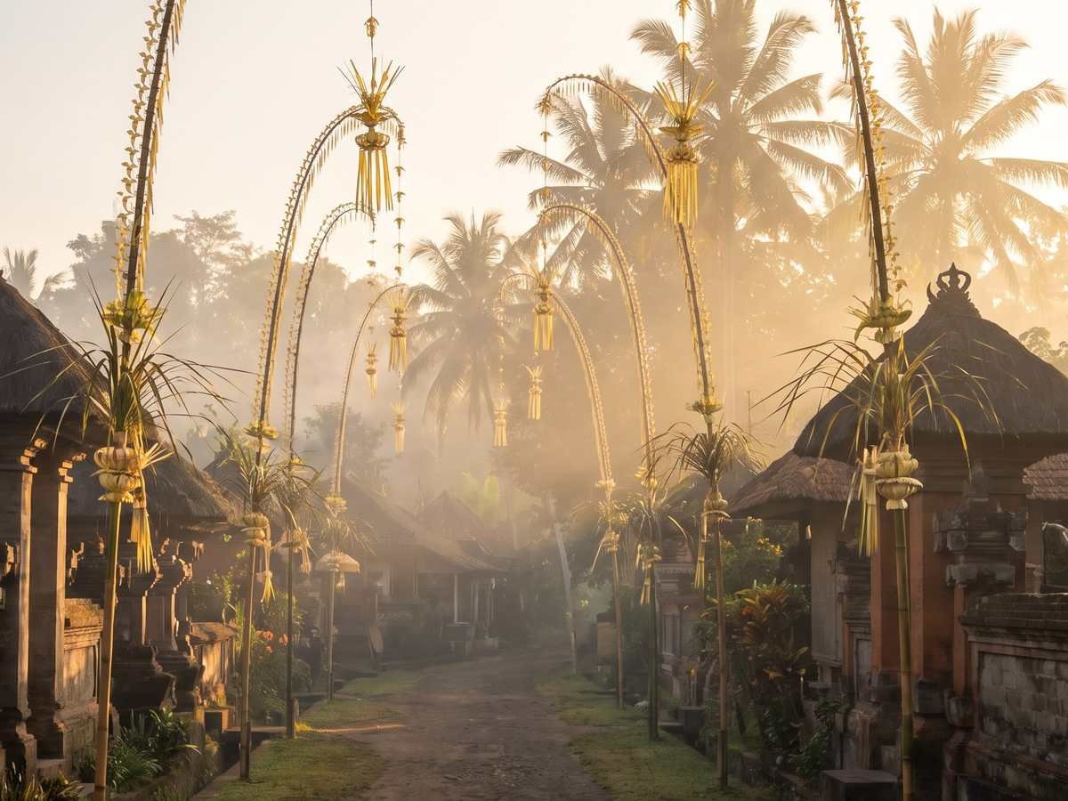 Illustration of penjor, tall decorated bamboo poles, lining a village lane, a general Bali scene