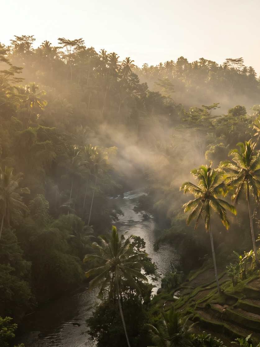 Illustration of a misty jungle river valley at golden hour