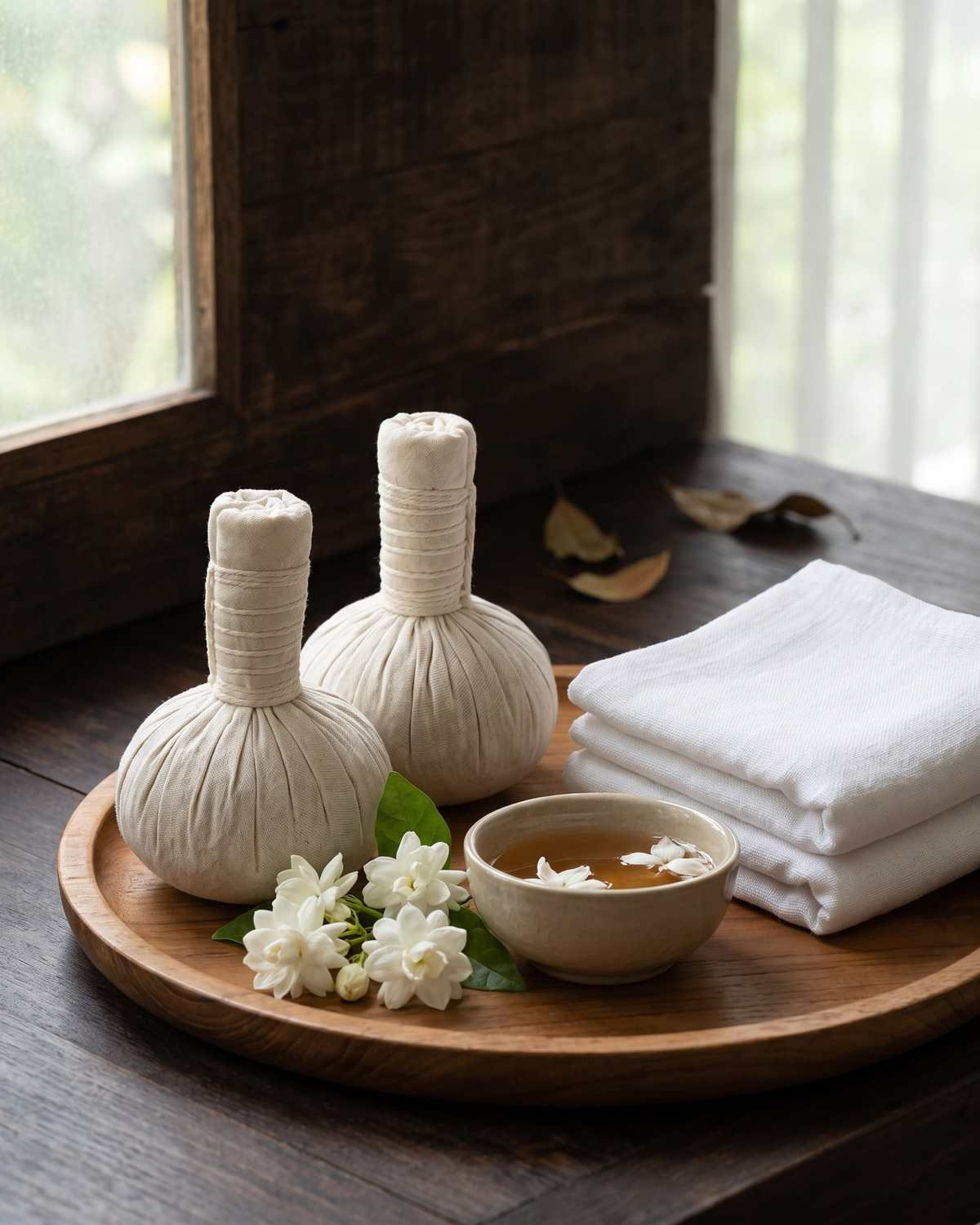 Illustration of a herbal compress, jasmine flowers and folded linen, not a photograph of the spa