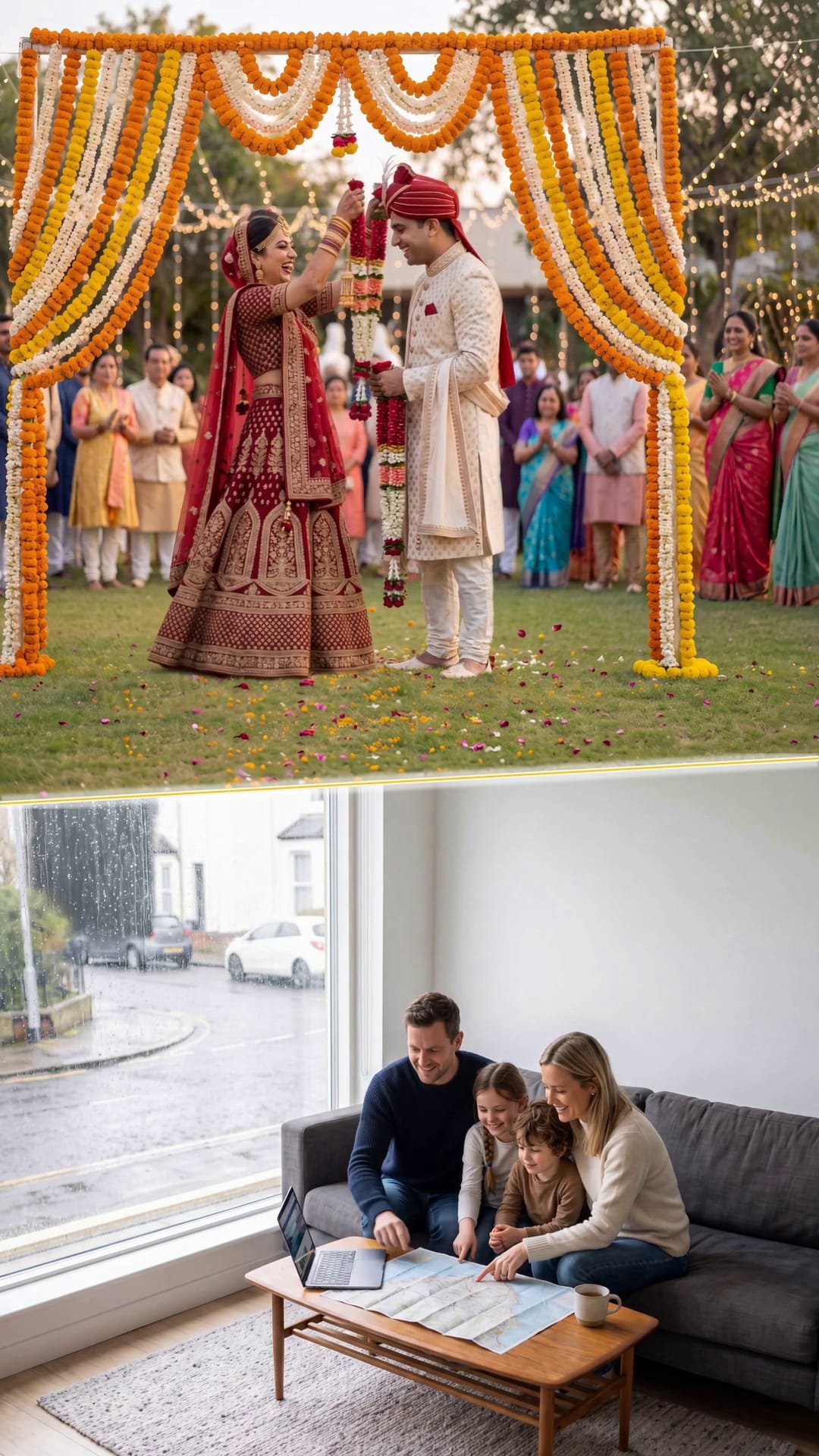 An Indian wedding and a European family planning a holiday, side by side, divided by a line of gold light